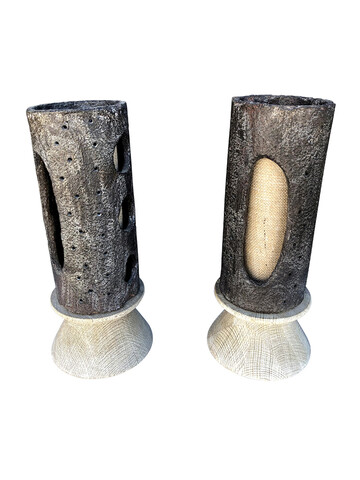 Pair of Limited Edition Ceramic and Oak Base Lamps 60946