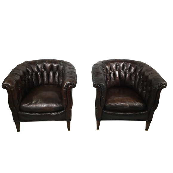 Pair French Leather Club Chairs 18577