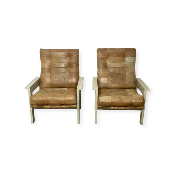 Pair of Limited Edition Oak and Vintage Leather Arm Chairs 60979