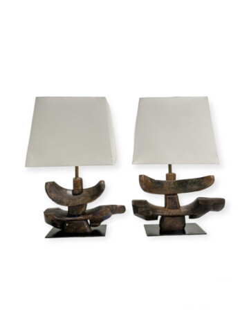 Pair of 18th Century Wood Element Lamps with Custom Shades 68403